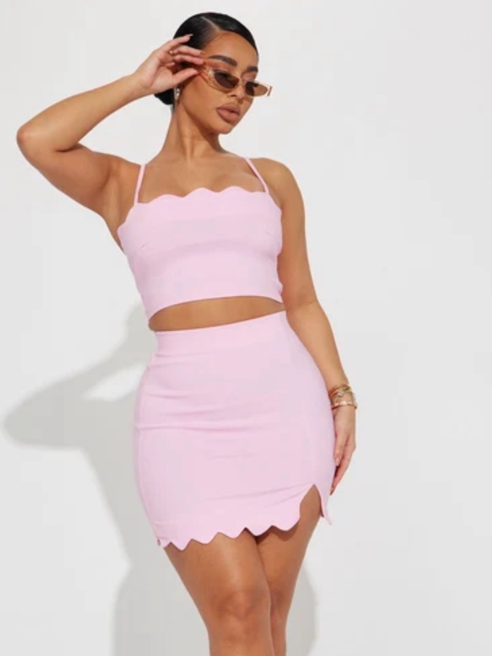 Pink Scallop-Trim Mini Skirt Set